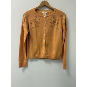 Sundance Beaded Sweater XS Orange Peach Embroidered Button Front
